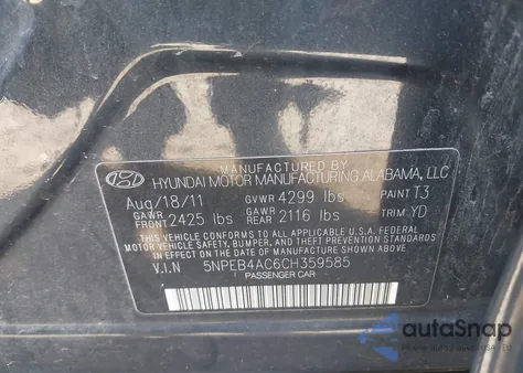2012 Hyundai Sonata Gls z USA, uszkodzony, nr VIN 5NPEB4AC6CH359585